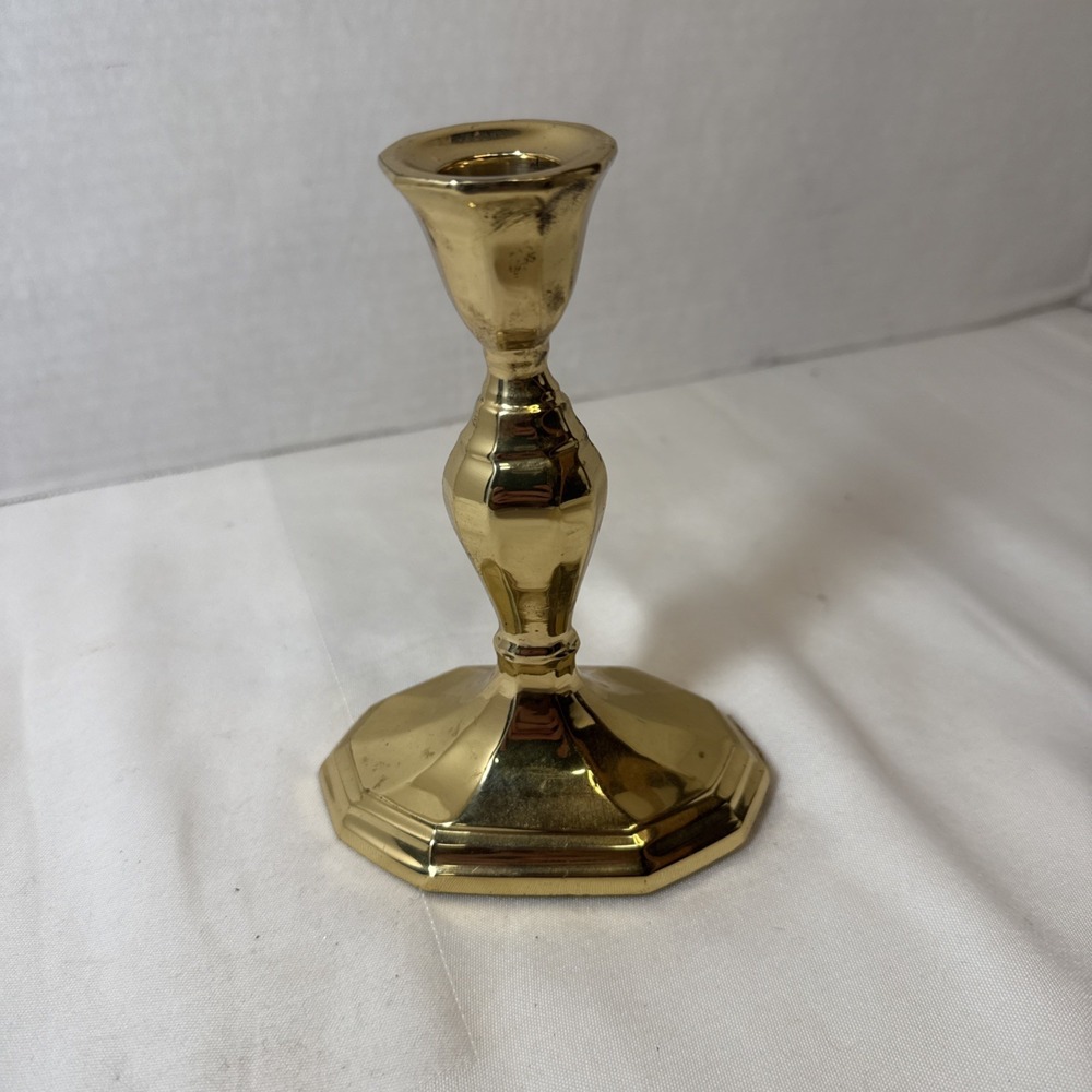 VTG Heavy Brass Candlestick Holder Octagonal Faceted Base Baluster Stem Felt